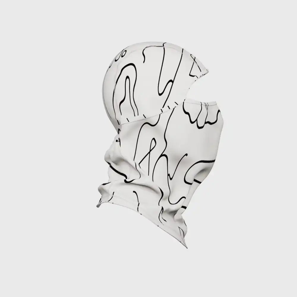 Cubre rostro con diseño abstracto en blanco y negro, ideal para protección y estilo.